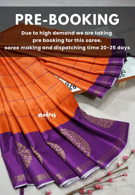 (PRE-BOOKING) Orange with Purple - Yamini Paper silk with traditional border