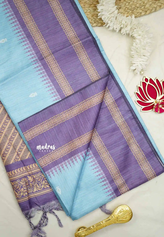 Yamini Paper silk with rettapet border prints - Ananda blue