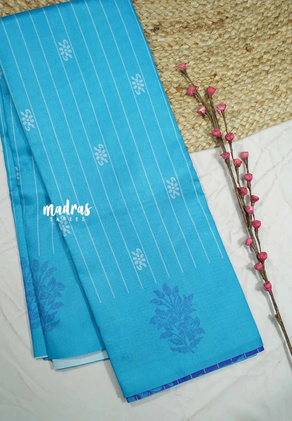 Yamini Paper silk stripes and floral prints - Sky blue with blue border