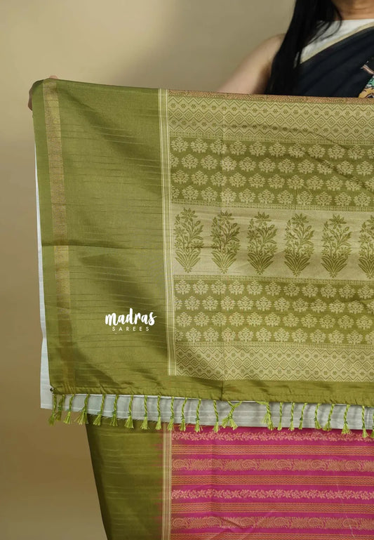 Pink with Green Border - Yamini Paper silk with rettapet border