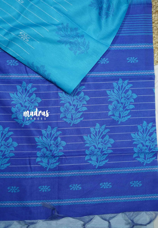 Yamini Paper silk stripes and floral prints - Sky blue with blue border