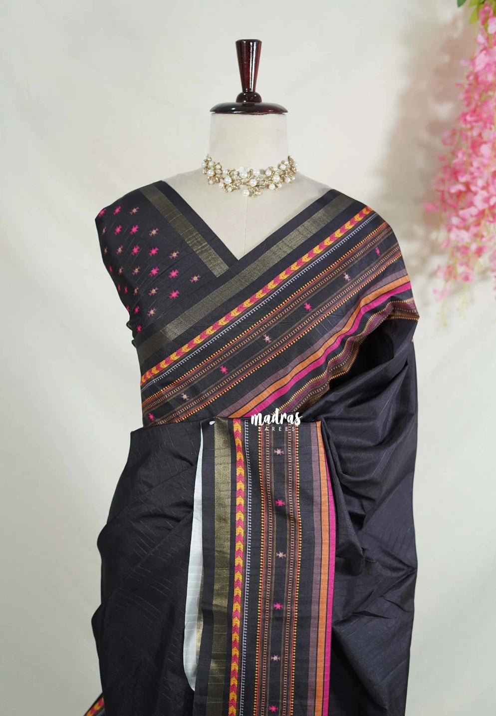 Midnight Black - Yamini Paper Silk Saree with Multiline Printed Border - Workwear Classic | Casual Wear