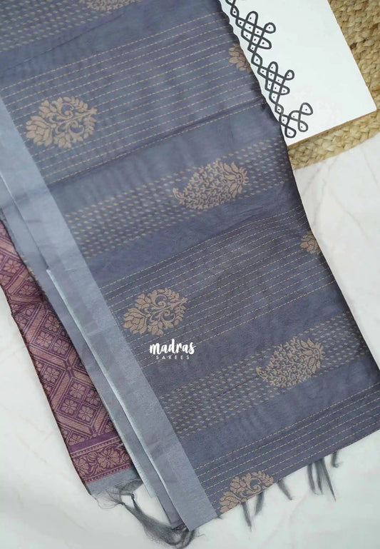 Yamini Paper silk kantha stitch stripes prints - Grey with winered