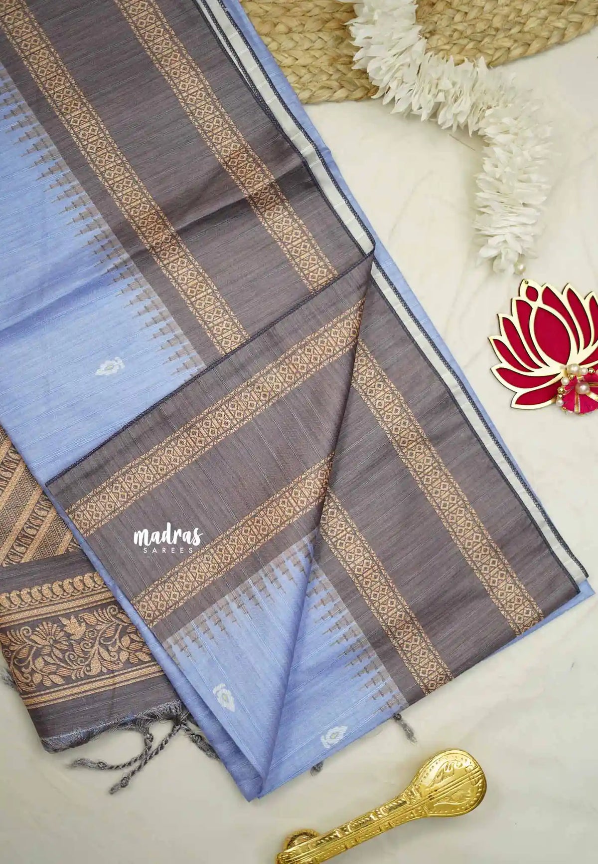 Yamini Paper silk with rettapet border prints - Stone blue