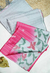 Yamini Paper silk jamdani blouse and border prints - Rani pink and grey