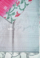 Yamini Paper silk jamdani blouse and border prints - Rani pink and grey