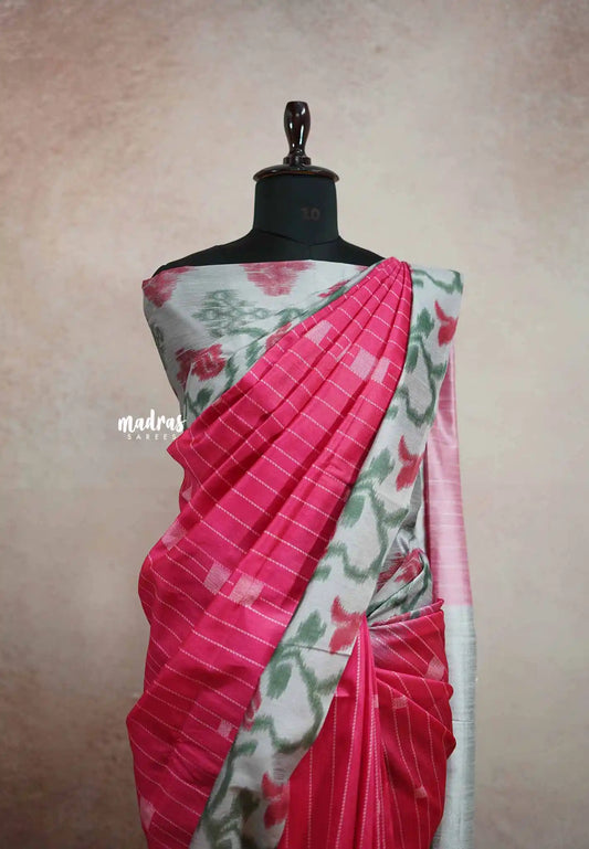 Yamini Paper silk jamdani blouse and border prints - Rani pink and grey