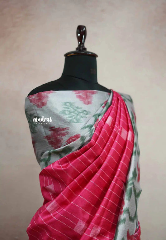 Yamini Paper silk jamdani blouse and border prints - Rani pink and grey