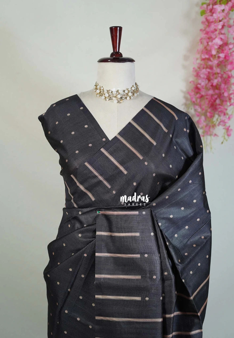 Midnight Black - Yamini Paper Silk Saree with Printed Buttas and Stripes Border - Workwear Classic