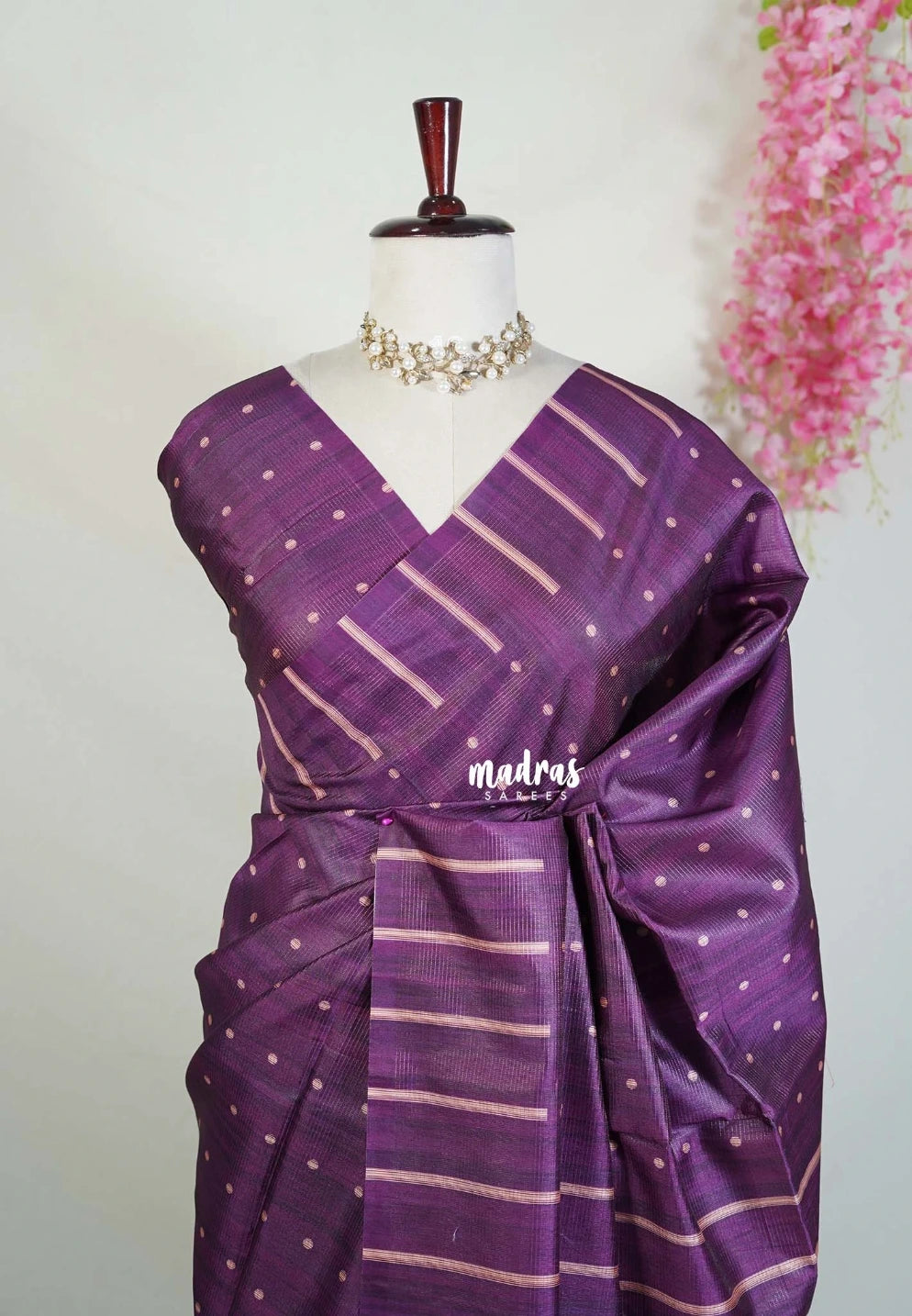 Jamun Purple - Yamini Paper Silk Saree with Printed Buttas and Stripes Border - Workwear Classic