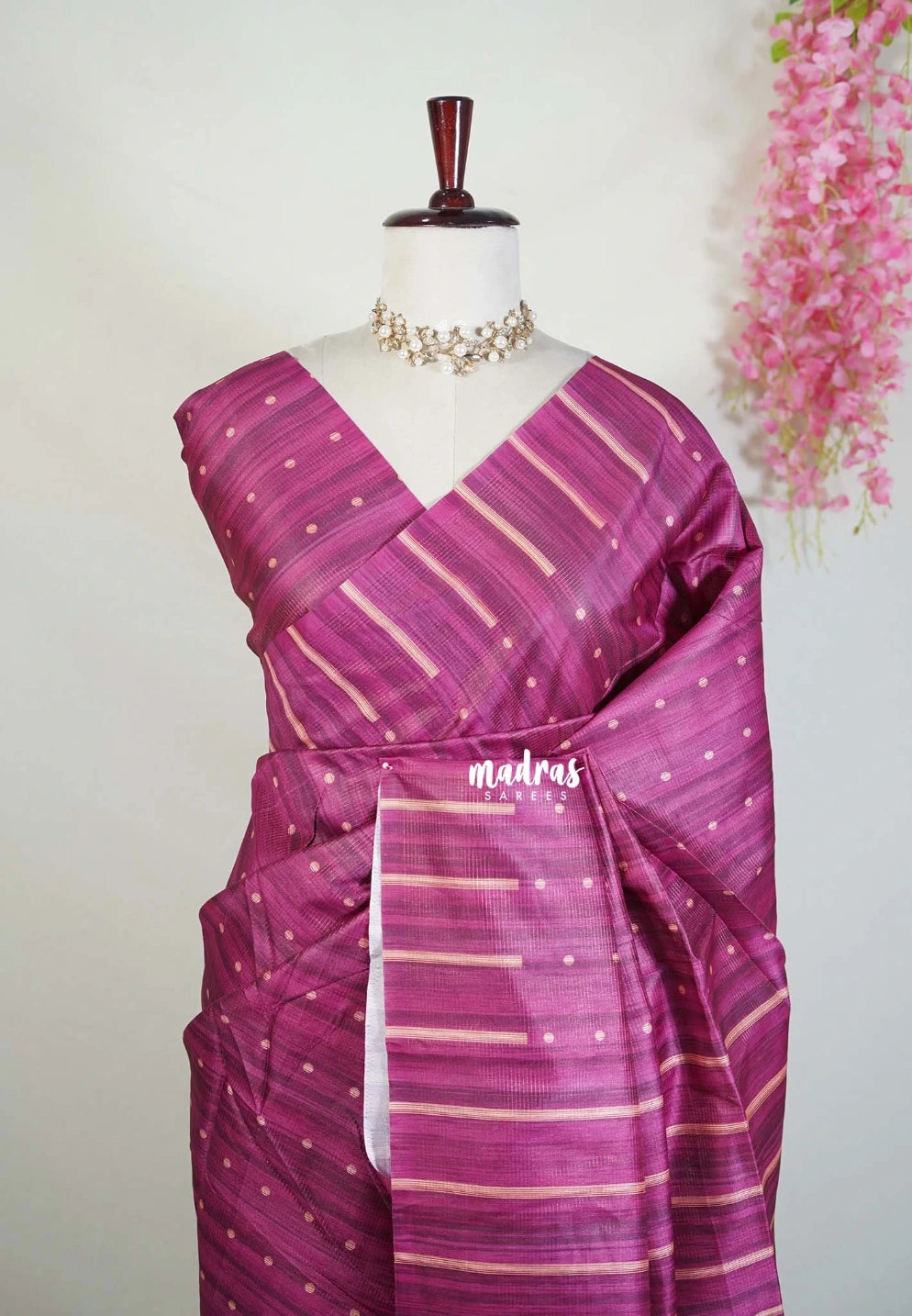 Beet Pink - Yamini Paper Silk Saree with Printed Buttas and Stripes Border - Workwear Classic