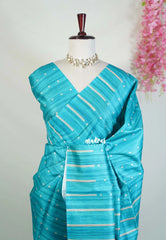 Teal Blue - Yamini Paper Silk Saree with Printed Buttas and Stripes Border - Workwear Classic