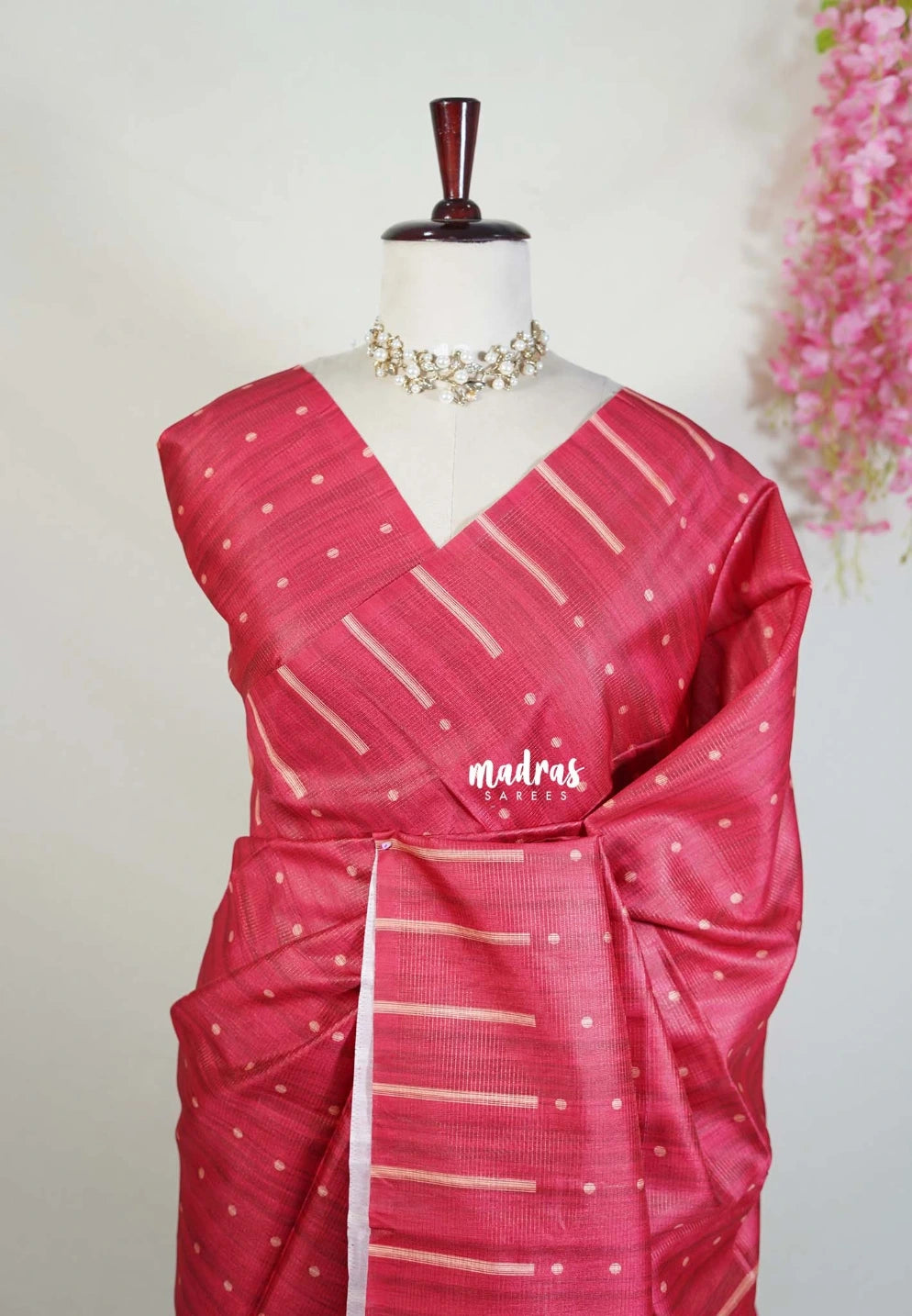 Reddish Maroon - Yamini Paper Silk Saree with Printed Buttas and Stripes Border - Workwear Classic