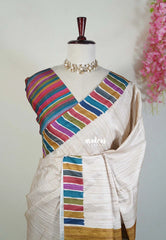 Muted Beige-Stripes - Yamini Paper Silk Saree with Stripes Rainbow Pallu, Border and Blouse - Workwear Classic
