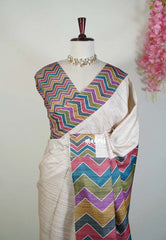 Muted Beige-Zigzag - Yamini Paper Silk Saree with Zigzag Rainbow Pallu, Border and Blouse - Workwear Classic