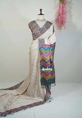 Muted Beige-Zigzag - Yamini Paper Silk Saree with Zigzag Rainbow Pallu, Border and Blouse - Workwear Classic