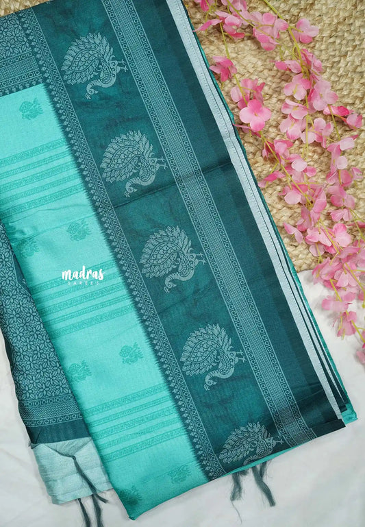 Yamini Paper silk traditional peacock motive prints - Teal