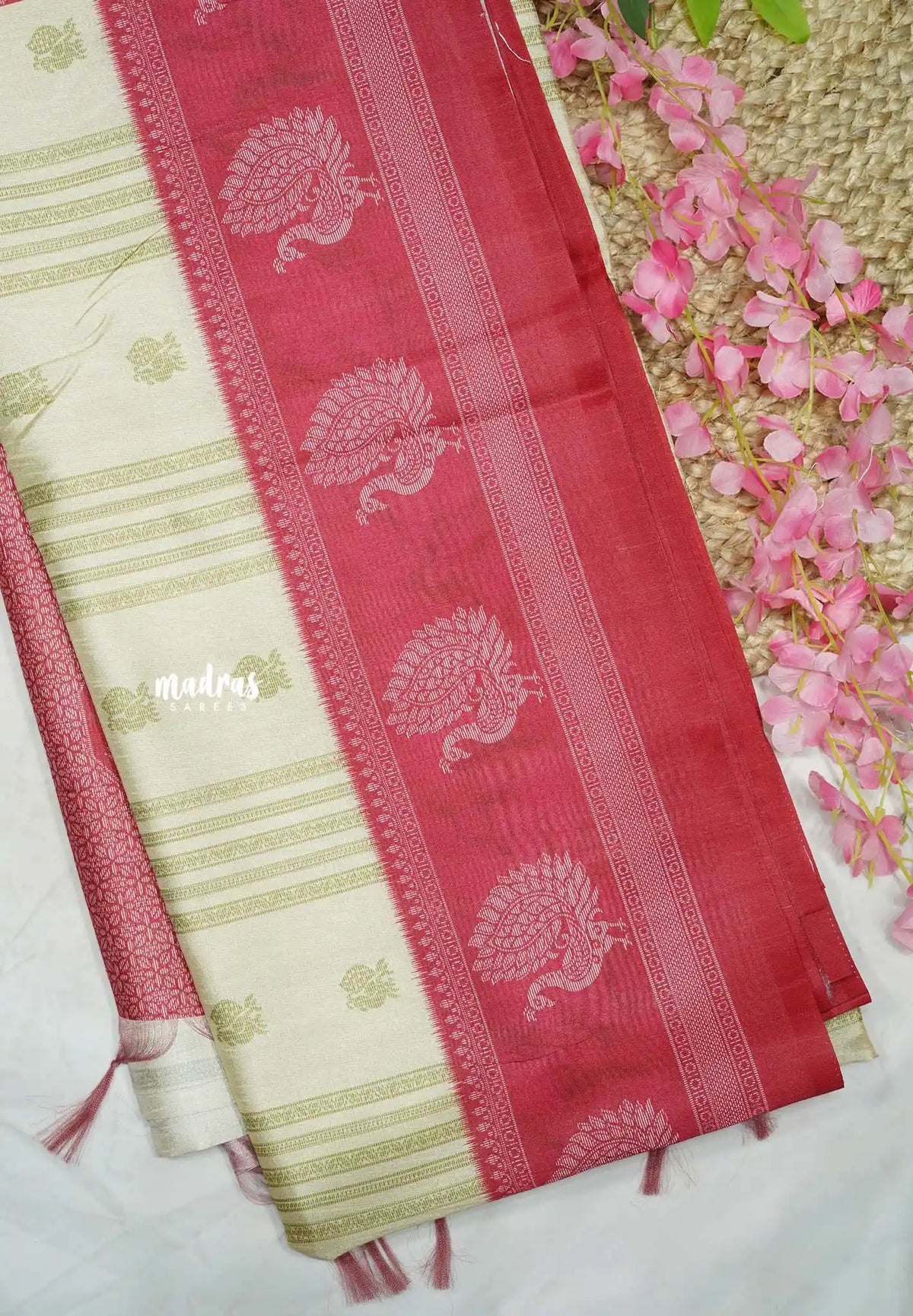 Yamini Paper silk traditional peacock motive prints - half white