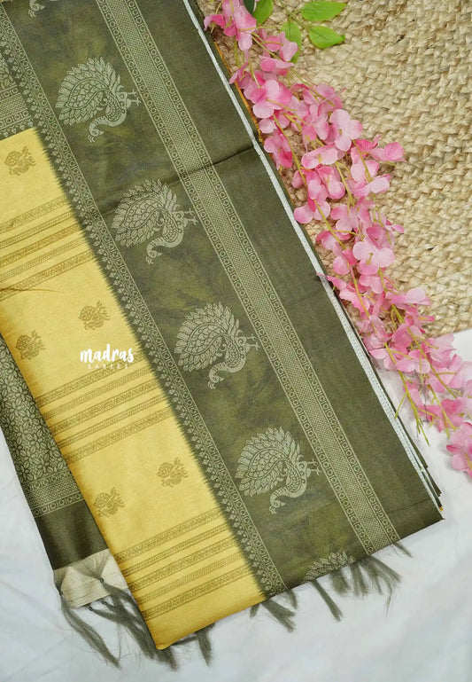 Yamini Paper silk traditional peacock motive prints - mild yellow