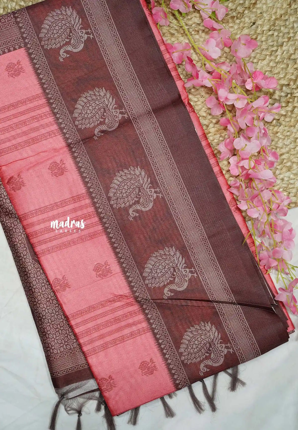 Yamini Paper silk traditional peacock motive prints - Peach