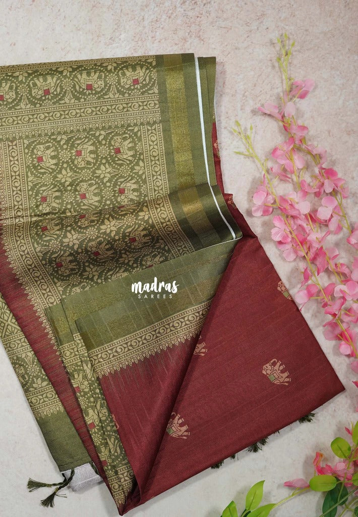 Brick Maroon - Yamini Paper Silk Traditional Border with Printed Elephant Buttas - Perfect Office Wear | Casual Wear