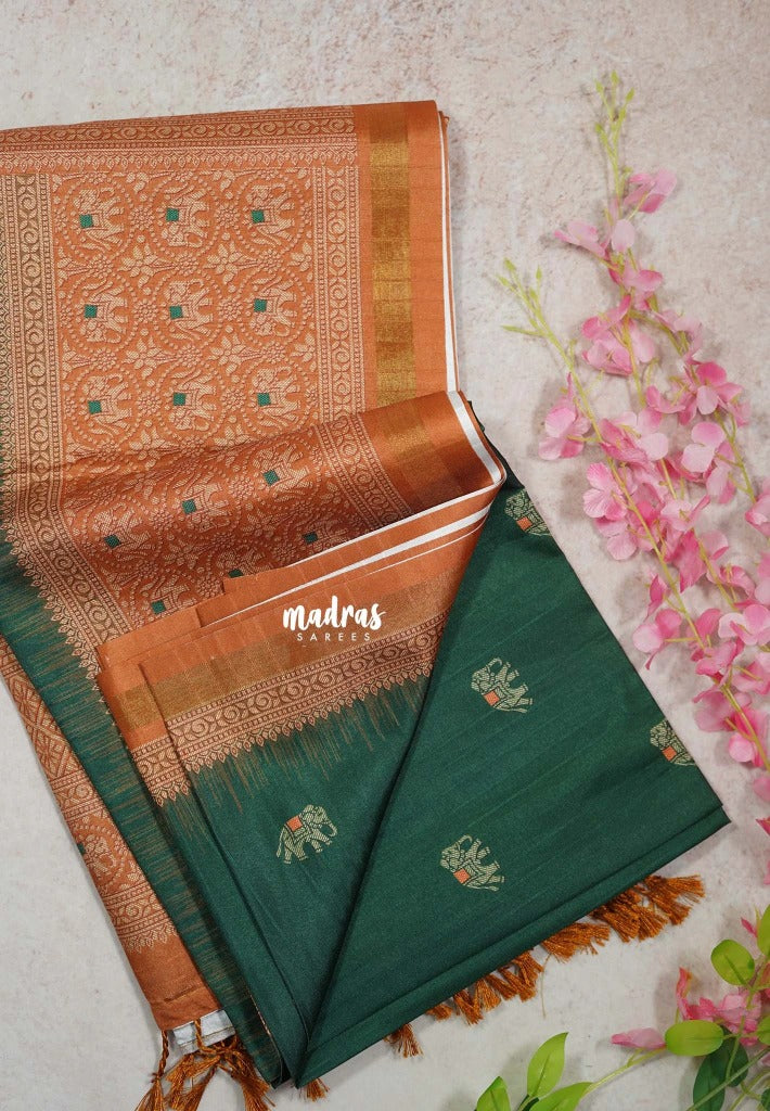 Emerald Green - Yamini Paper Silk Traditional Border with Printed Elephant Buttas - Perfect Office Wear | Casual Wear