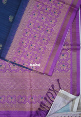 Indigo Blue - Yamini Paper Silk Traditional Border with Printed Elephant Buttas - Perfect Office Wear | Casual Wear