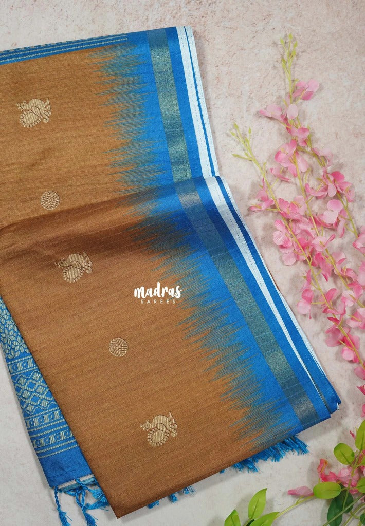 Mustard Brown - Yamini Paper Silk Small Border with Printed Peacock Buttas - Perfect Office Wear | Casual Wear