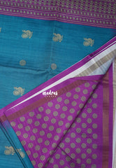 Dark Sky Blue - Yamini Paper Silk Small Border with Printed Peacock Buttas - Perfect Office Wear | Casual Wear