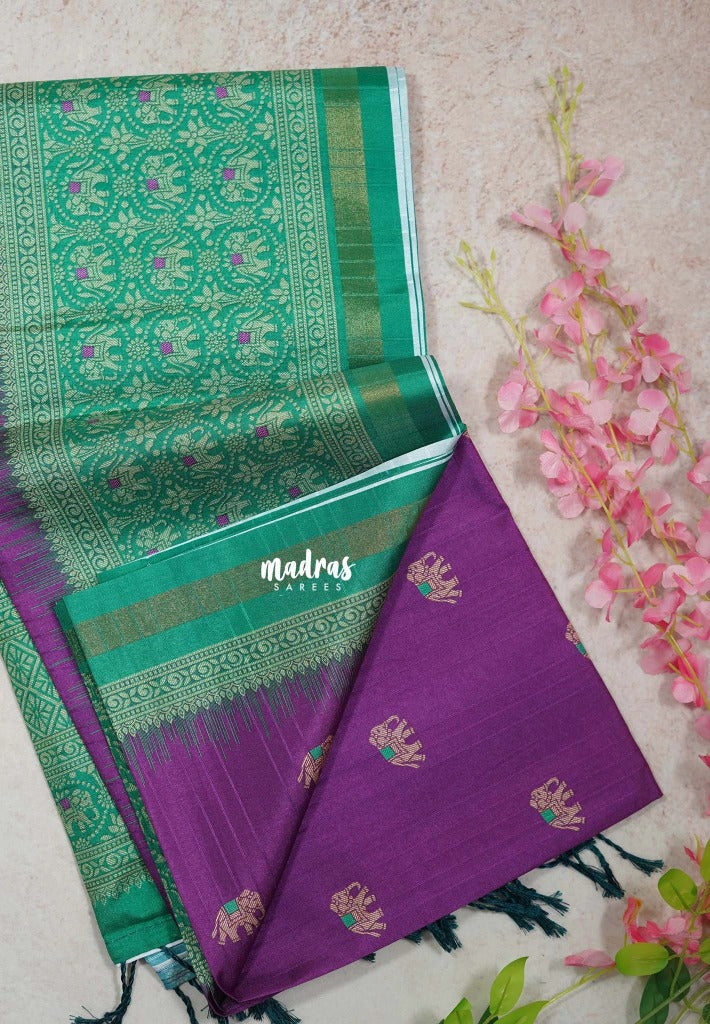 Magenta Purple - Yamini Paper Silk Traditional Border with Printed Elephant Buttas - Perfect Office Wear | Casual Wear
