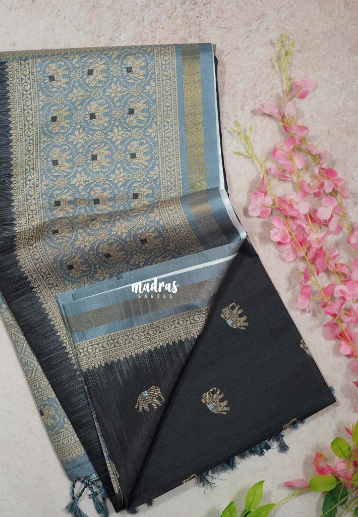 Jet Black - Yamini Paper Silk Traditional Border with Printed Elephant Buttas - Perfect Office Wear | Casual Wear