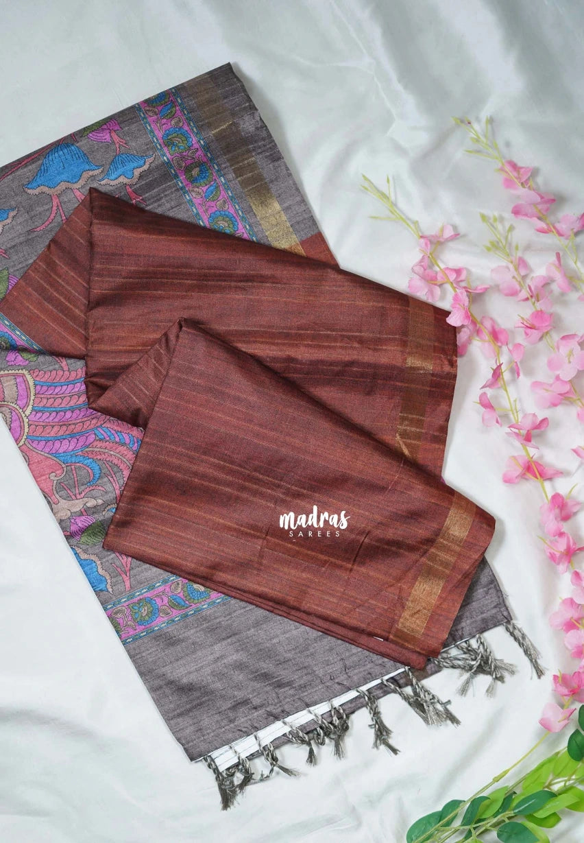 Earthy Brown - Yamini Paper Silk with Kalamkari Pallu and Blouse - Perfect Office Wear | Casual Wear