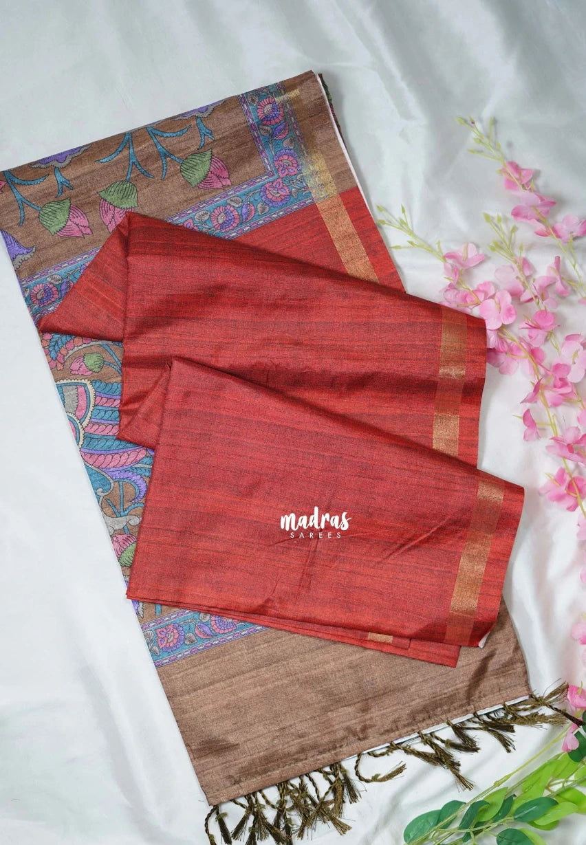 Brick Red - Yamini Paper Silk with Kalamkari Pallu and Blouse - Perfect Office Wear | Casual Wear
