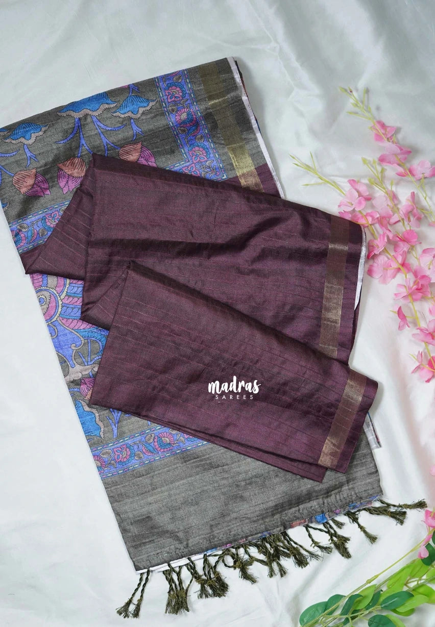 Wine Purple - Yamini Paper Silk with Kalamkari Pallu and Blouse - Perfect Office Wear | Casual Wear