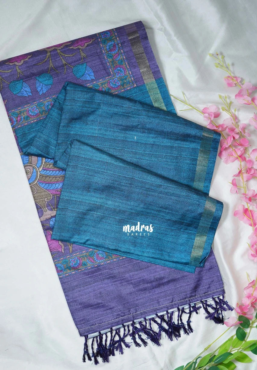 Peacock Blue - Yamini Paper Silk with Kalamkari Pallu and Blouse - Perfect Office Wear | Casual Wear