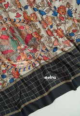 Ivory with Black border - Yamini Paper Silk Saree with Kalamkari Prints Black Checks Border - Best for Casual Wear | Office | college wear