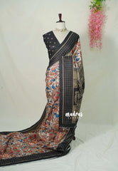 Ivory with Black border - Yamini Paper Silk Saree with Kalamkari Prints Black Checks Border - Best for Casual Wear | Office | college wear