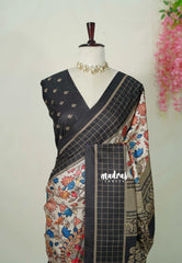 Ivory with Black border - Yamini Paper Silk Saree with Kalamkari Prints Black Checks Border - Best for Casual Wear | Office | college wear