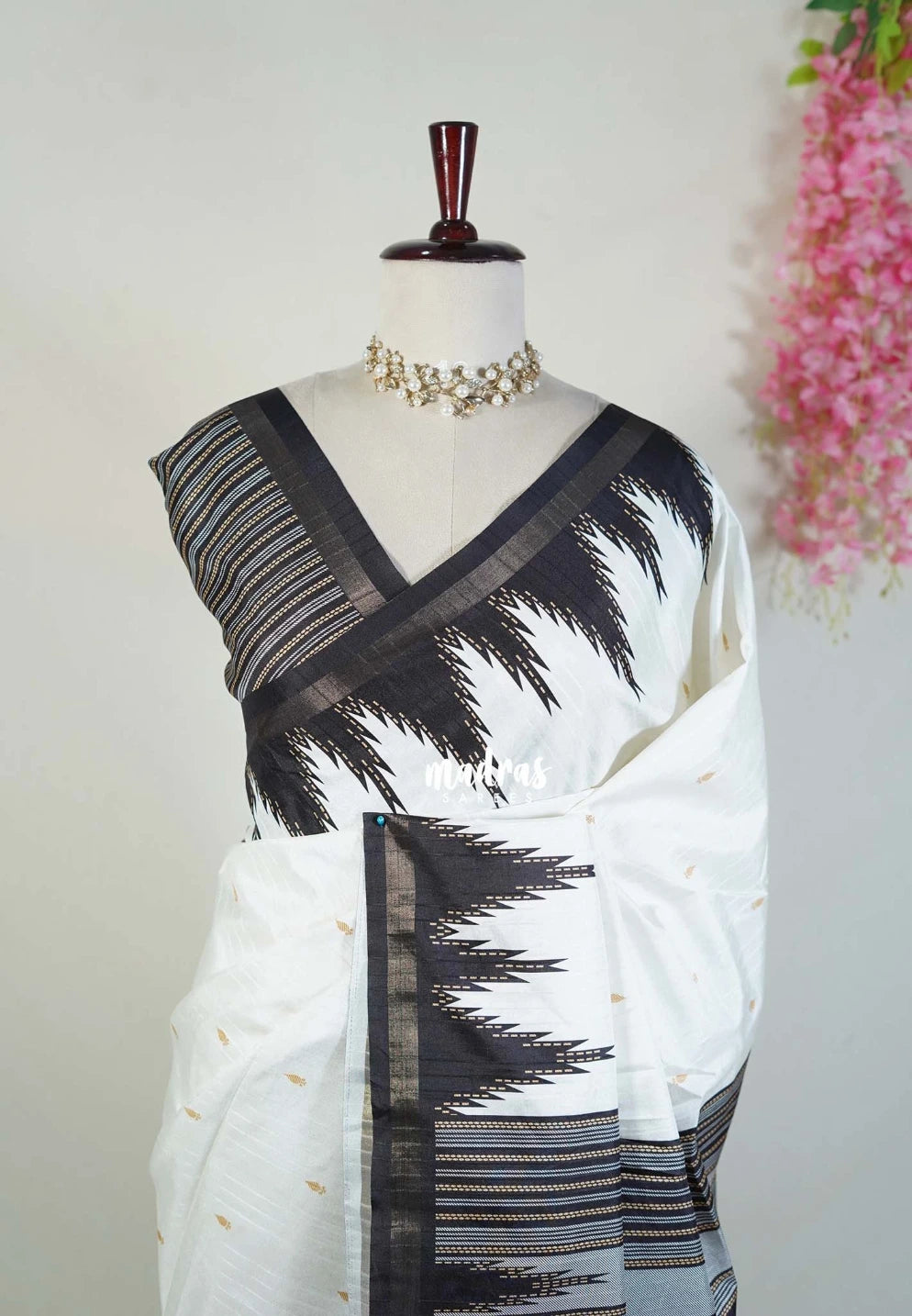 Ivory White - Yamini Paper Silk Saree with Temple Design Prins with Buttas - Workwear Classic