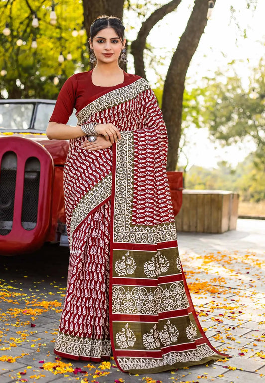 Maroon small buttas - Zara Malgudi Fusion printed silk
