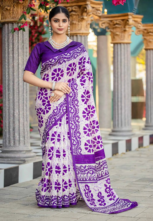 Halfwhite purple flower - Zara Malgudi Fusion printed silk