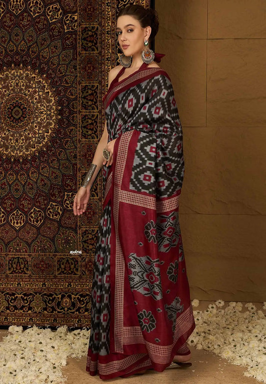 Zara Malgudi Fusion printed silk Ikkat prints - Black