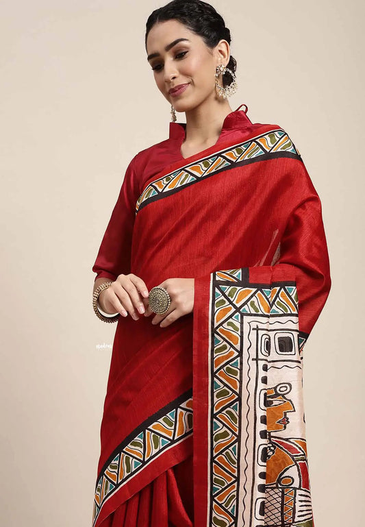 Brick red folk art - Zara Malgudi Fusion printed silk