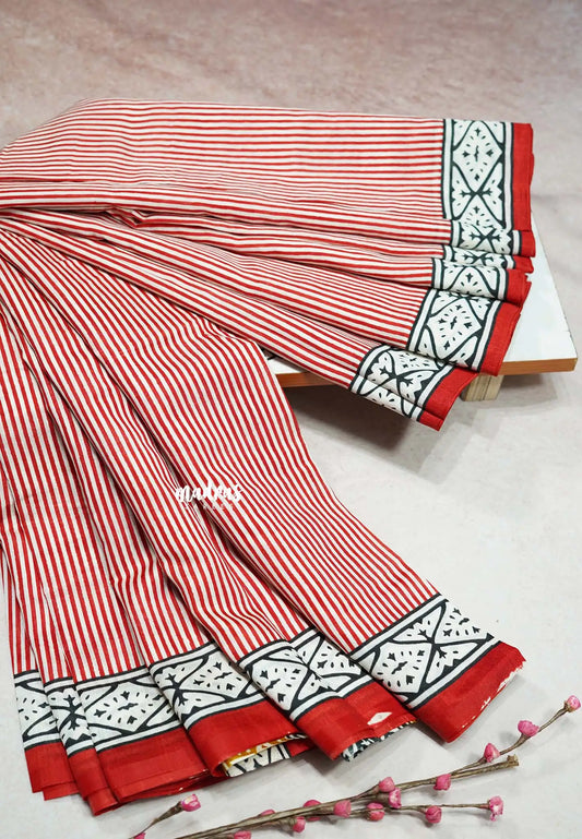 White with Red - Zara Malgudi  printed silk with Stripes