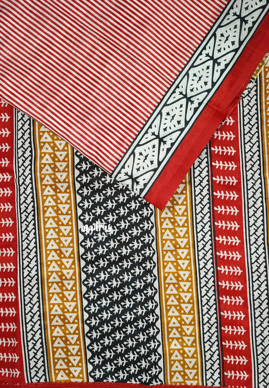 White with Red - Zara Malgudi  printed silk with Stripes