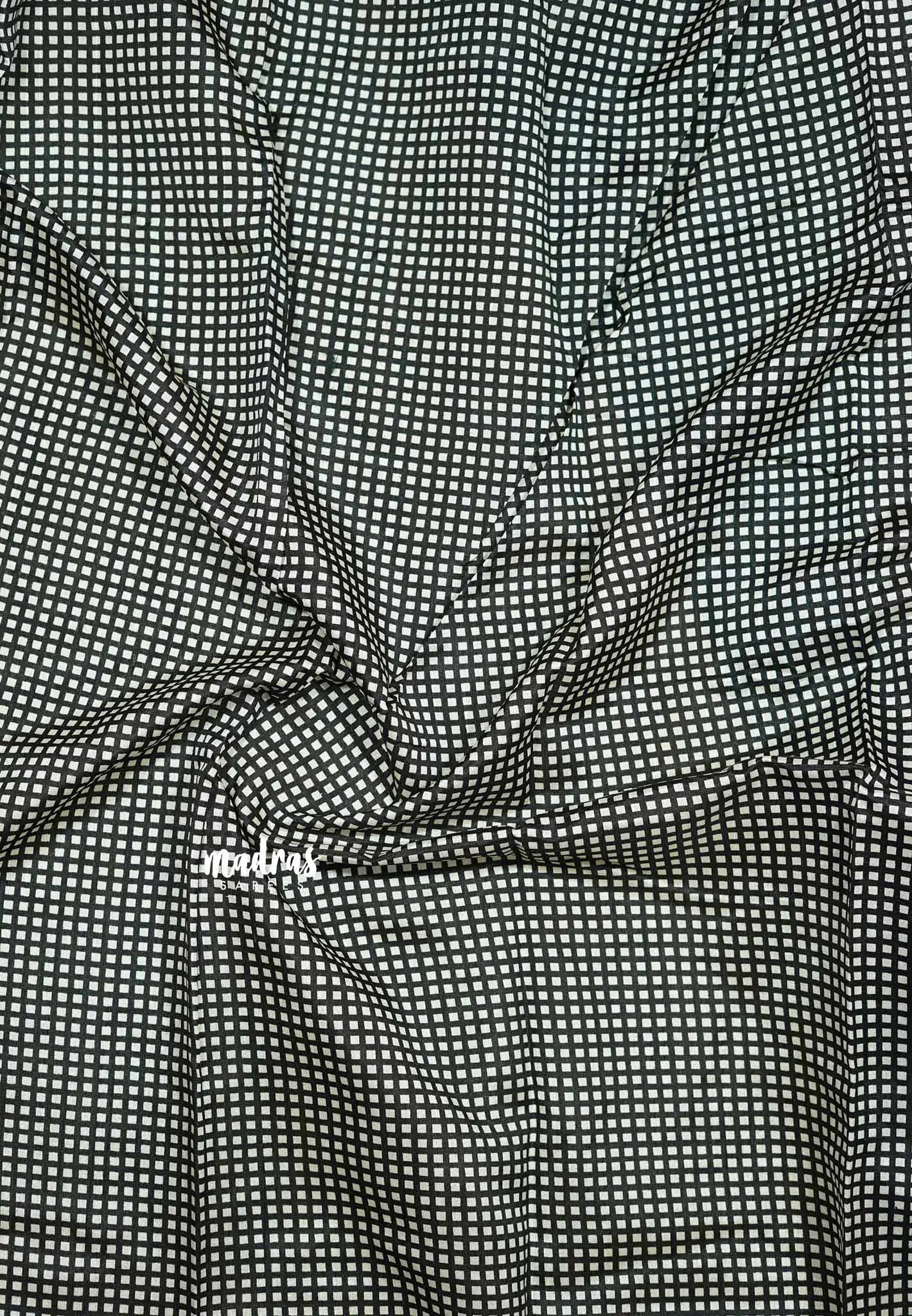 Royal blue with checks border - Zara Malgudi Fusion printed silk