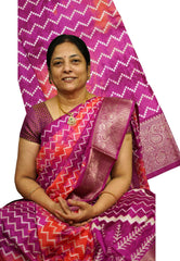 Gradient printed silk with zigzag prints pink with mango border